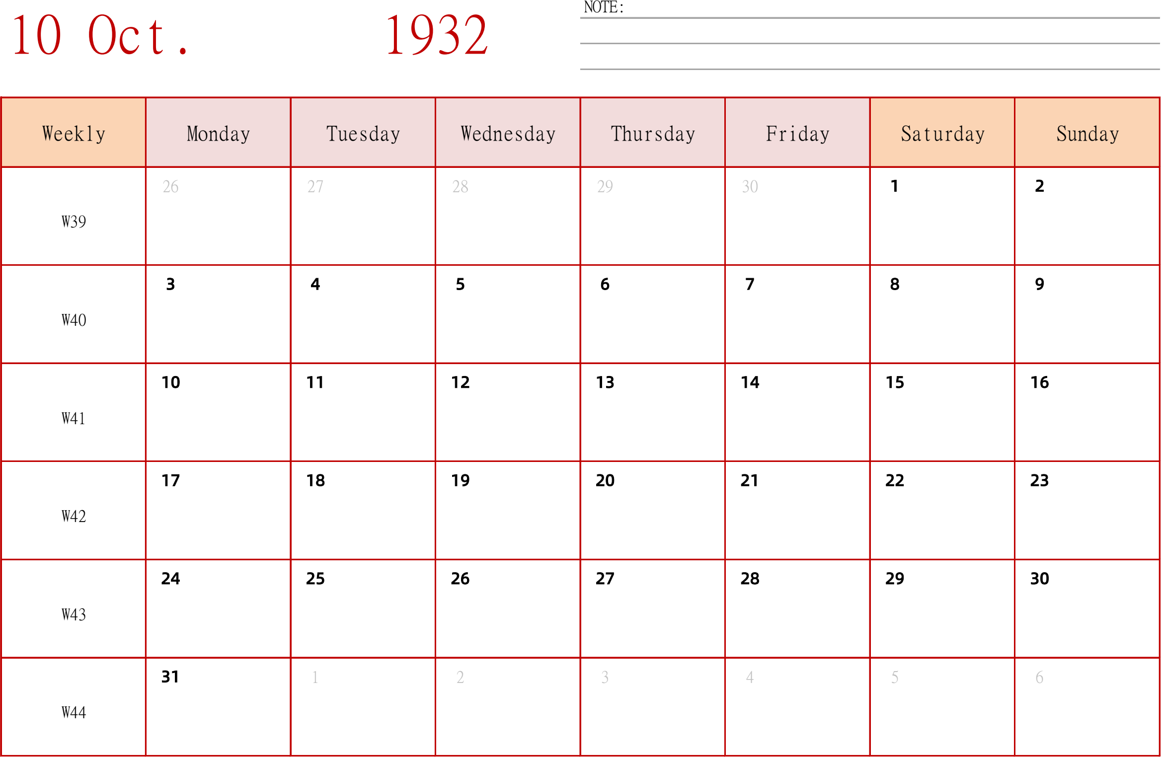 日历表1932年日历 英文版 横向排版 周一开始 带周数